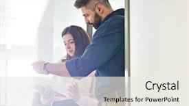  Presentation with project - PPT theme with book review meeting - businessman with female colleague reviewing background and a white colored foreground