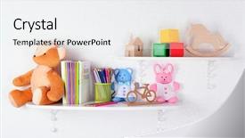  Presentation with child development developing toy - Beautiful PPT layouts featuring book shelf - shelves with toys in child backdrop and a white colored foreground