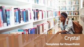  Presentation with library - Audience pleasing slide deck consisting of book shelf in library backdrop and a coral colored foreground