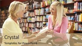  Presentation with bookshop - Colorful slide deck enhanced with book sales - female customer in bookshop backdrop and a coral colored foreground