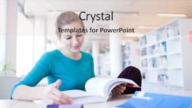  Presentation with college - Audience pleasing slide set consisting of pretty young college student in a library shallow dof color toned image backdrop and a lemonade colored foreground