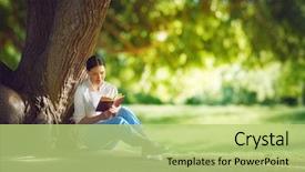  Presentation with knowledge - Cool new PPT theme with book under big tree backdrop and a  colored foreground