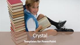  Presentation with book - Beautiful PPT theme featuring book while sitting against books backdrop and a coral colored foreground