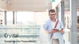  Presentation with book - Cool new slides with book while standing by railing backdrop and a  colored foreground