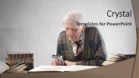  Presentation with feather and old book - Theme consisting of book with a magnifying glass background and a light gray colored foreground