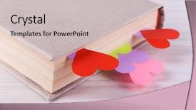  Presentation with blank note book and wooden - Colorful slides enhanced with book with bookmarks on wooden backdrop and a light gray colored foreground