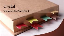 Presentation with blank note book and wooden - Colorful presentation theme enhanced with book with bookmarks on wooden backdrop and a coral colored foreground
