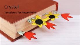  Presentation with book - Presentation design with book with bookmarks on wooden background and a red colored foreground