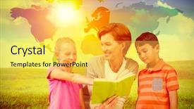  Presentation with pupils reading - Beautiful presentation design featuring book with pupils at library backdrop and a yellow colored foreground