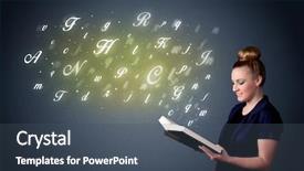  Presentation with creepy book - Colorful presentation design enhanced with book with shiny letters flying backdrop and a ocean colored foreground