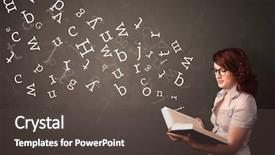  Presentation with creepy book - Colorful presentation design enhanced with book with white alphabet flying backdrop and a dark gray colored foreground