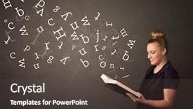  Presentation with manual book - Colorful PPT layouts enhanced with book with white alphabet flying backdrop and a dark gray colored foreground