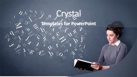  Presentation with white letters - Amazing PPT theme having book with white letters flying backdrop and a  colored foreground