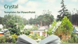  Presentation with nature countryside - Theme with rural education opened old vintage - book wooden table with nature background and a sky blue colored foreground