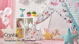  Presentation with play children - Beautiful slides featuring children room with play tent backdrop and a soft green colored foreground