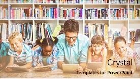  Presentation with digital library - Amazing slide set having using digital tablet in library backdrop and a coral colored foreground