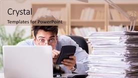  Presentation with bookkeeping - Slide deck enhanced with bookkeeping - funny accountant bookkeeper working background and a coral colored foreground