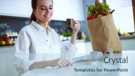  Presentation with planning - Beautiful slide deck featuring bookkeeping - young woman planning expenses backdrop and a light blue colored foreground