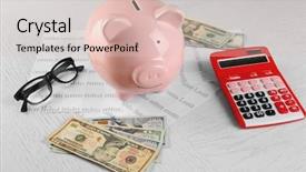  Presentation with bookkeeping - Colorful PPT theme enhanced with bookkeeping concept piggy bank calculator dollars and papers on white wooden background backdrop and a lemonade colored foreground