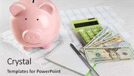  Presentation with bookkeeping - Slide set consisting of bookkeeping concept piggy bank calculator dollars and papers on white wooden background background and a light gray colored foreground