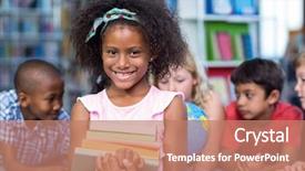  Presentation with books - PPT theme with books against classmates in library background and a coral colored foreground