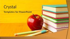  Presentation with apple on open books - Theme consisting of books and apple on wooden background and a light gray colored foreground