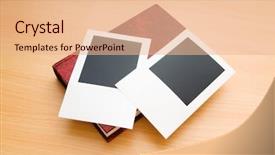  Presentation with photo album - Cool new slides with books and blank photos backdrop and a coral colored foreground
