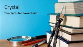  Presentation with pen - PPT theme enhanced with books and magnifying glass background and a cyan colored foreground