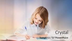  Presentation with school children - PPT theme featuring books and writing in notebook background and a soft green colored foreground