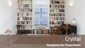  Presentation with tan book stack stacks of books - Presentation theme having books arranged in library background and a violet colored foreground