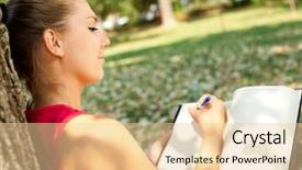  Presentation with writing education female writer - Slide set consisting of writer in park writing book background and a lemonade colored foreground