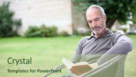  Presentation with novel - Slide deck consisting of books book ends - senior man reading novel background and a  colored foreground