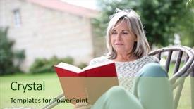  Presentation with novel - Audience pleasing slides consisting of books book ends - senior woman relaxing in chair backdrop and a mint green colored foreground