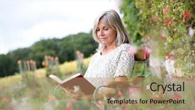  Presentation with novel - Audience pleasing theme consisting of books book ends - senior woman relaxing in chair backdrop and a  colored foreground