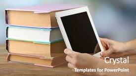  Presentation with tablet - Amazing presentation theme having books close-up modern education backdrop and a coral colored foreground