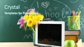  Presentation with digital books - Audience pleasing presentation design consisting of books colorful pens and apple backdrop and a  colored foreground