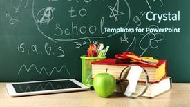  Presentation with digital books - PPT theme enhanced with books colorful pens and apple background and a ocean colored foreground