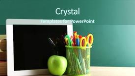  Presentation with digital books - Amazing slide set having books colorful pens and apple backdrop and a ocean colored foreground