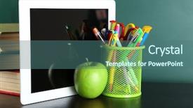  Presentation with digital books - Slide set having books colorful pens and apple background and a ocean colored foreground