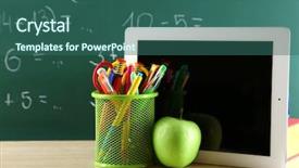  Presentation with digital books - PPT theme enhanced with books colorful pens and apple background and a ocean colored foreground