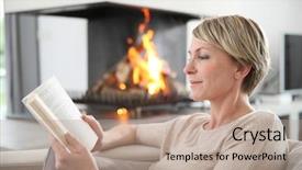  Presentation with book - PPT theme enhanced with books fire - middle-aged woman reading book background and a coral colored foreground