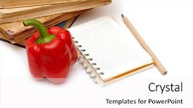  Presentation with notebook - Theme having piece of banana-strawberry sponge cake decorating with mint leaves on a white plate on wooden background background and a coral colored foreground