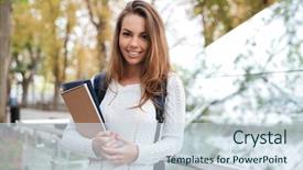  Presentation with happy barber client - Cool new PPT theme with student carrying books - happy charming young woman backdrop and a sky blue colored foreground