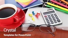  Presentation with coffee cup - Theme featuring books glasses - laptop with stationery and cup background and a tawny brown colored foreground