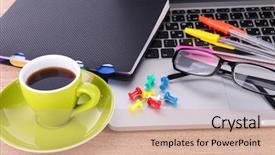  Presentation with pen laptop coffee cup clips - Slide deck consisting of books glasses - laptop with stationery and cup background and a coral colored foreground