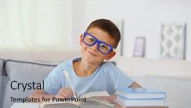  Presentation with book - Slide set with books glasses - little boy sitting on sofa background and a  colored foreground