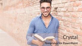  Presentation with brick wall - Beautiful presentation theme featuring books glasses - smiling young man holding backdrop and a lemonade colored foreground