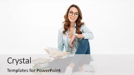  Presentation with pretty girl - PPT theme consisting of books isolated over white background background and a white colored foreground