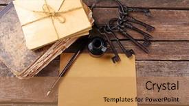  Presentation with old book cover by shakespeare - Presentation theme featuring books keys and other things background and a coral colored foreground