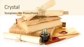  Presentation with old books pen - PPT theme having books letters and ink pen background and a lemonade colored foreground